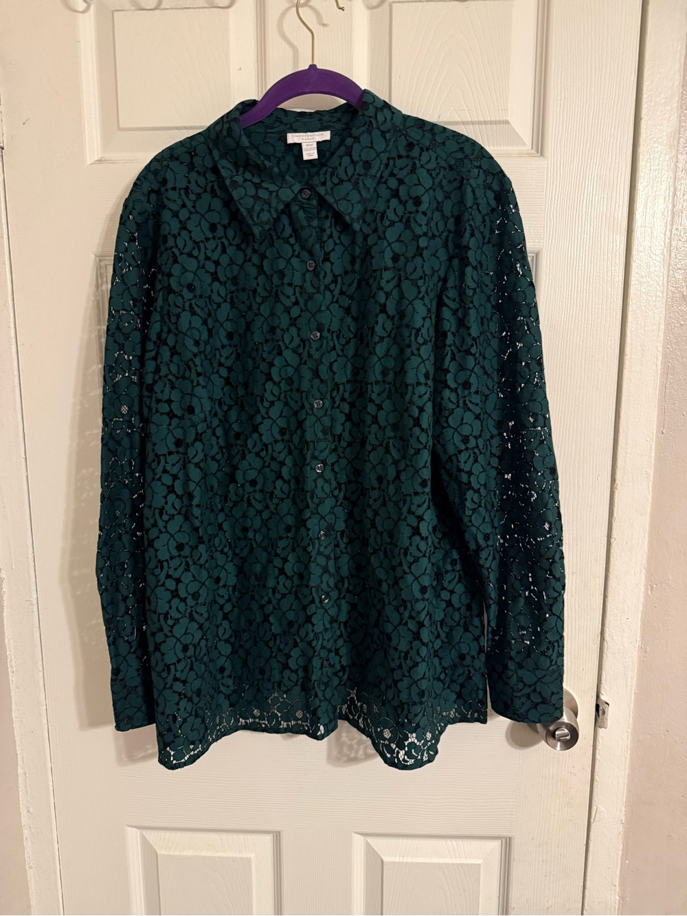 Charter Club Dark Green Lace Button-Down Shirt